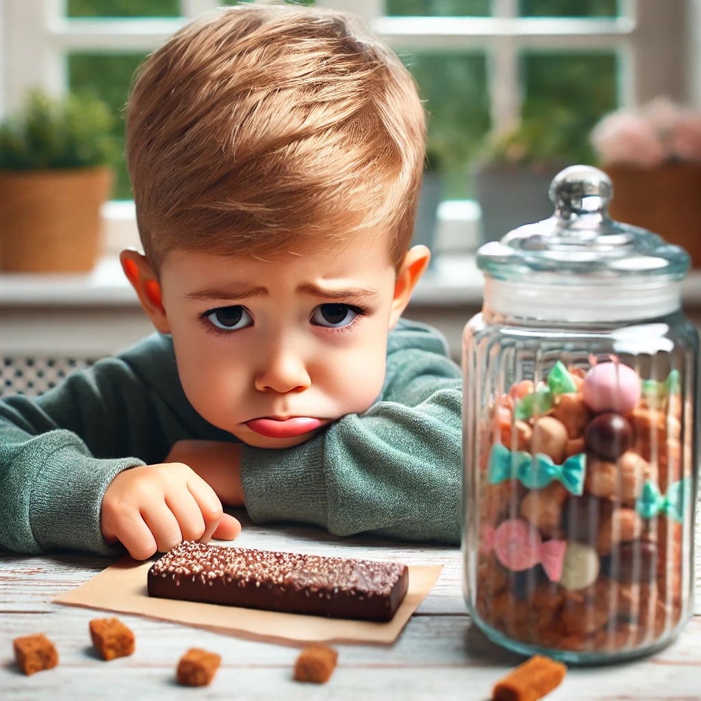 DALL·E 2024-06-24 14.20.01 - A child sitting at a table with a sad expression, reluctantly nibbling on a protein bar while eyeing a candy jar in the background